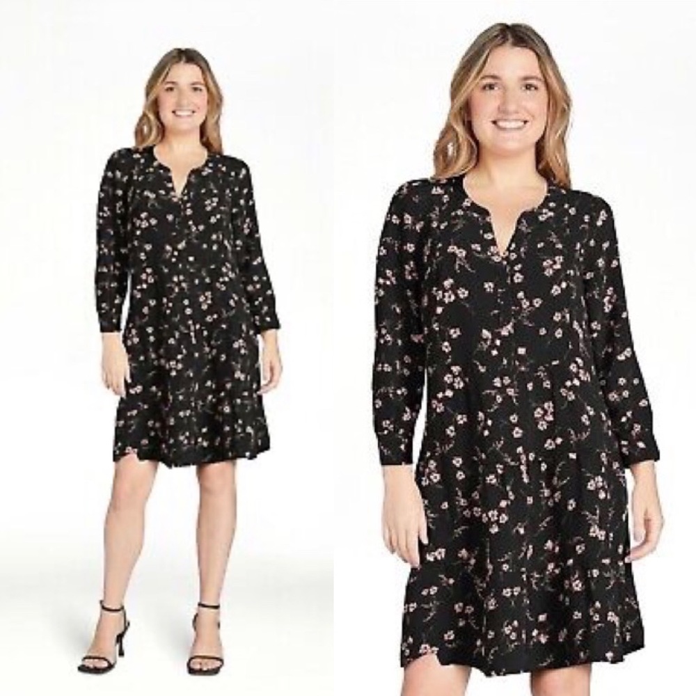 Time and Tru Women's Short Tiered Dress‎ Black Floral Flowers